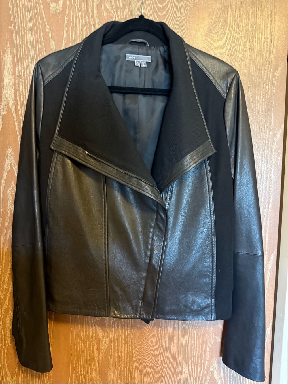 Vince Black Leather & Knit Panel Asymmetric Moto Jacket